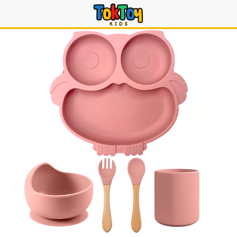 Prato Coruja Kit HootMeal com Talheres de Silicone e Ventosa Antiderrapante