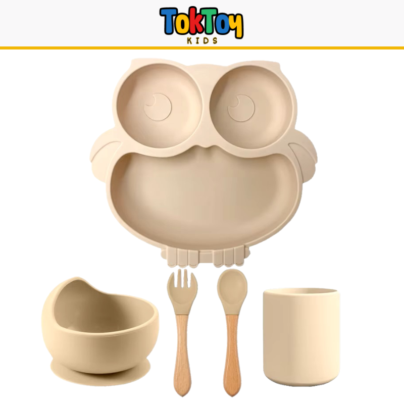 Prato Coruja Kit HootMeal com Talheres de Silicone e Ventosa Antiderrapante