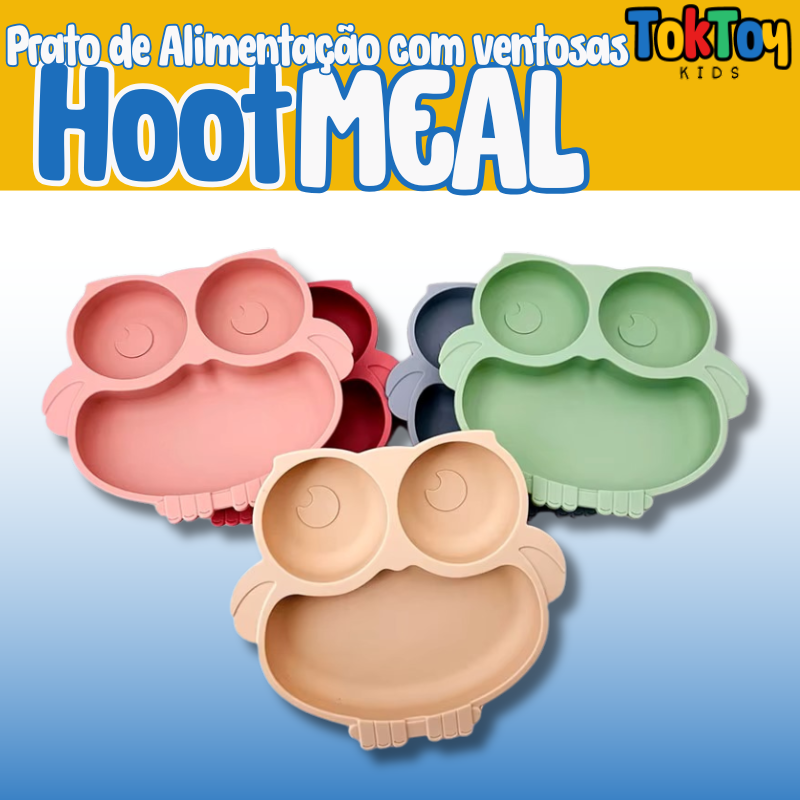 Prato Coruja Kit HootMeal com Talheres de Silicone e Ventosa Antiderrapante