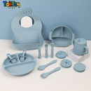 Conjunto de Talheres Infantis de Silicone - 15 Peças para Alimentação de Bebês com Tigela Antiderrapante, Prato, Colher e Babador