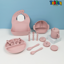 Conjunto de Talheres Infantis de Silicone - 15 Peças para Alimentação de Bebês com Tigela Antiderrapante, Prato, Colher e Babador