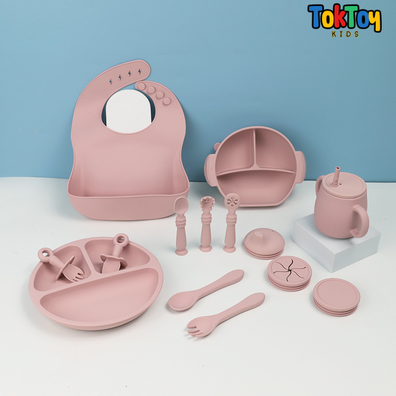 Conjunto de Talheres Infantis de Silicone - 15 Peças para Alimentação de Bebês com Tigela Antiderrapante, Prato, Colher e Babador