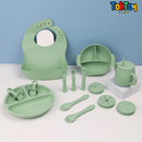Conjunto de Talheres Infantis de Silicone - 15 Peças para Alimentação de Bebês com Tigela Antiderrapante, Prato, Colher e Babador