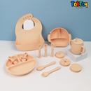 Conjunto de Talheres Infantis de Silicone - 15 Peças para Alimentação de Bebês com Tigela Antiderrapante, Prato, Colher e Babador