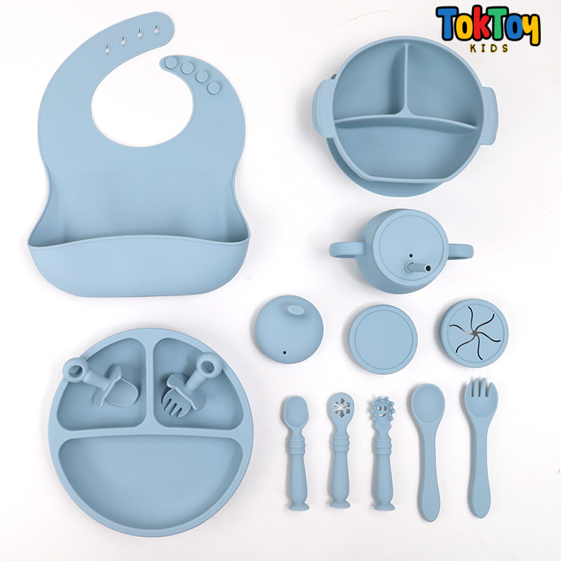 Conjunto de Talheres Infantis de Silicone - 15 Peças para Alimentação de Bebês com Tigela Antiderrapante, Prato, Colher e Babador