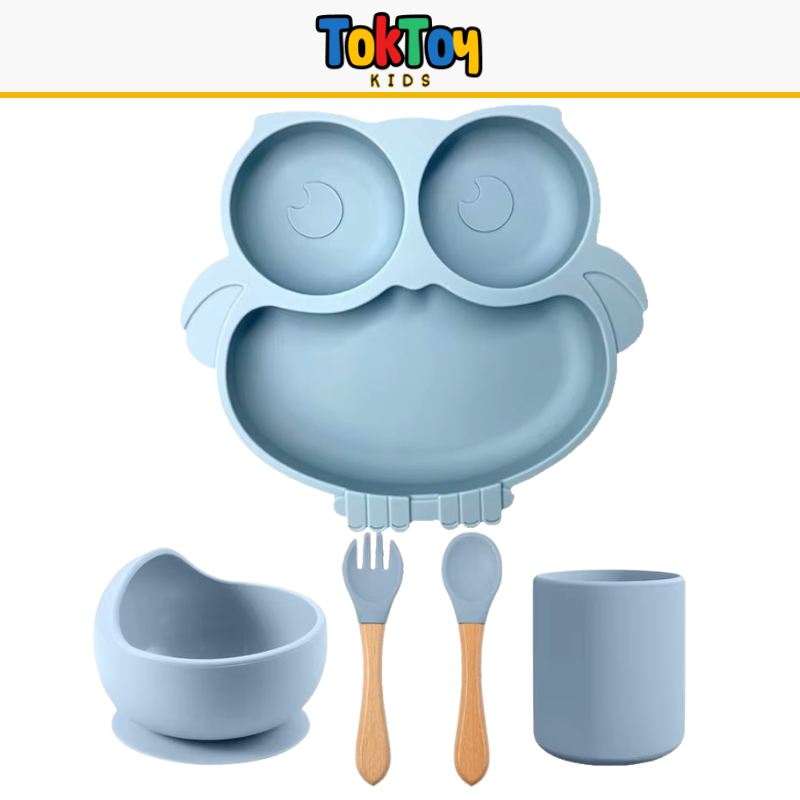 Prato Coruja Kit HootMeal com Talheres de Silicone e Ventosa Antiderrapante